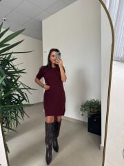 Dv 90257 Bordo Kısa Kol Triko Elbise