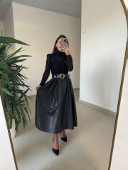 Ny 3052 Siyah Dantel Ve Deri Birleşimi Elbise