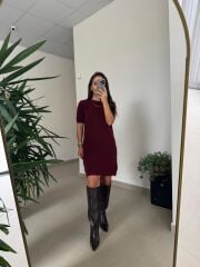 Dv 90257 Bordo Kısa Kol Triko Elbise