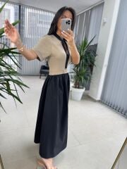 Dr 8280 Tasarım Bej-Siyah Gold Tokalı Elbise