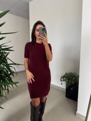 Dv 90257 Bordo Kısa Kol Triko Elbise