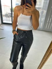 Siyah Çimalı Deri Pantolon