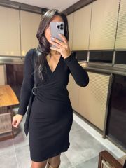 Mc 5900 Double Breasted Buckle Detailed Black Knit Dress