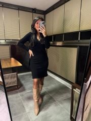 Mc 5900 Double Breasted Buckle Detailed Black Knit Dress