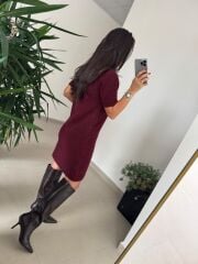 Dv 90257 Bordo Kısa Kol Triko Elbise