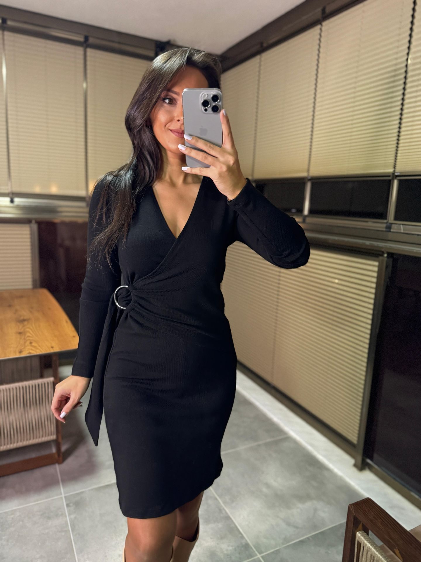 Mc 5900 Double Breasted Buckle Detailed Black Knit Dress