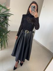 Ny 3052 Siyah Dantel Ve Deri Birleşimi Elbise