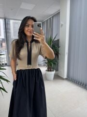 Dr 8280 Tasarım Bej-Siyah Gold Tokalı Elbise