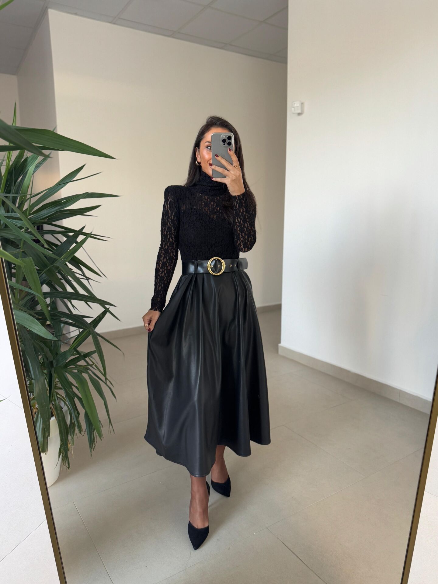 Ny 3052 Siyah Dantel Ve Deri Birleşimi Elbise