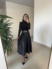 Ny 3052 Siyah Dantel Ve Deri Birleşimi Elbise