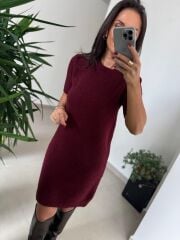 Dv 90257 Bordo Kısa Kol Triko Elbise