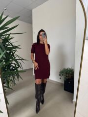 Dv 90257 Bordo Kısa Kol Triko Elbise