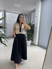 Dr 8280 Tasarım Bej-Siyah Gold Tokalı Elbise