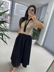 Dr 8280 Tasarım Bej-Siyah Gold Tokalı Elbise