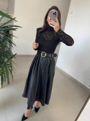 Ny 3052 Siyah Dantel Ve Deri Birleşimi Elbise