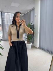 Dr 8280 Tasarım Bej-Siyah Gold Tokalı Elbise