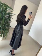 Ny 3052 Siyah Dantel Ve Deri Birleşimi Elbise