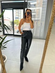 Siyah Çimalı Deri Pantolon