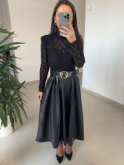 Ny 3052 Siyah Dantel Ve Deri Birleşimi Elbise