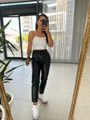 Siyah Çimalı Deri Pantolon