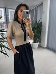 Dr 8280 Tasarım Bej-Siyah Gold Tokalı Elbise