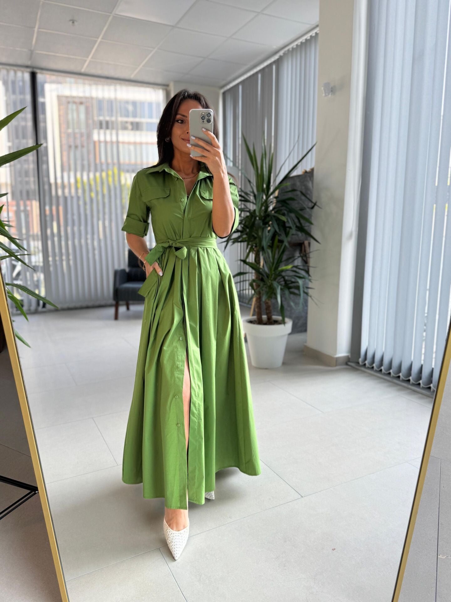 Dr 8441 Tasarım Yeşil Pile Detaylı Poplin Gömlek Elbise