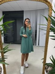 Ms Fermuar Yakalı Crep Çağla Yeşili  Elbise