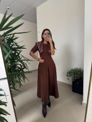 Np 1002 Omuz Vatkalı Kahve Fularlı Elbise