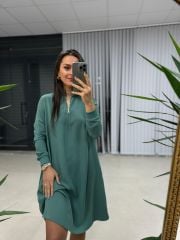 Ms Fermuar Yakalı Crep Çağla Yeşili  Elbise