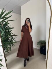 Np 1002 Omuz Vatkalı Kahve Fularlı Elbise