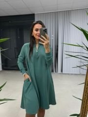 Ms Fermuar Yakalı Crep Çağla Yeşili  Elbise