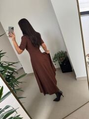 Np 1002 Omuz Vatkalı Kahve Fularlı Elbise