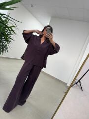 Fp 51173 Tensel Tek Düğmeli Mürdüm Pantolon Takım