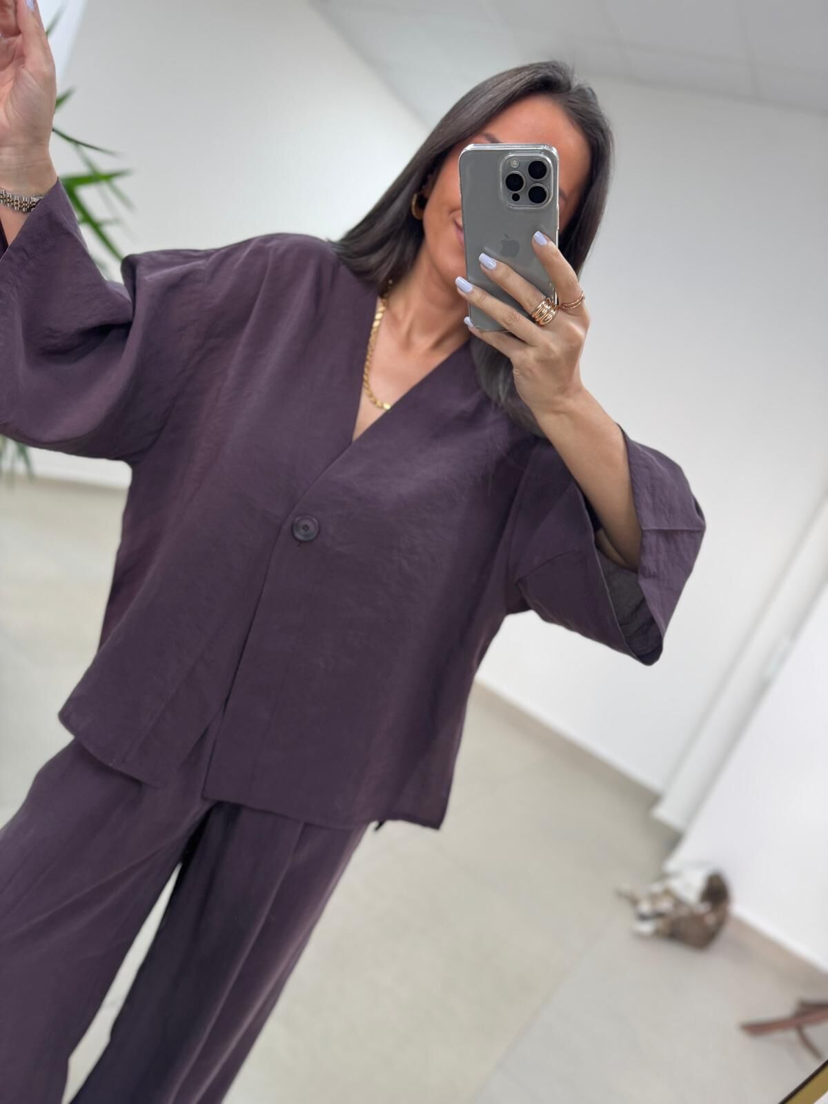 Fp 51173 Tensel Tek Düğmeli Mürdüm Pantolon Takım