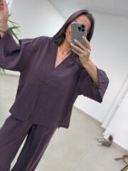 Fp 51173 Tensel Tek Düğmeli Mürdüm Pantolon Takım