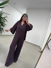 Fp 51173 Tensel Tek Düğmeli Mürdüm Pantolon Takım