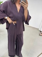 Fp 51173 Tensel Tek Düğmeli Mürdüm Pantolon Takım