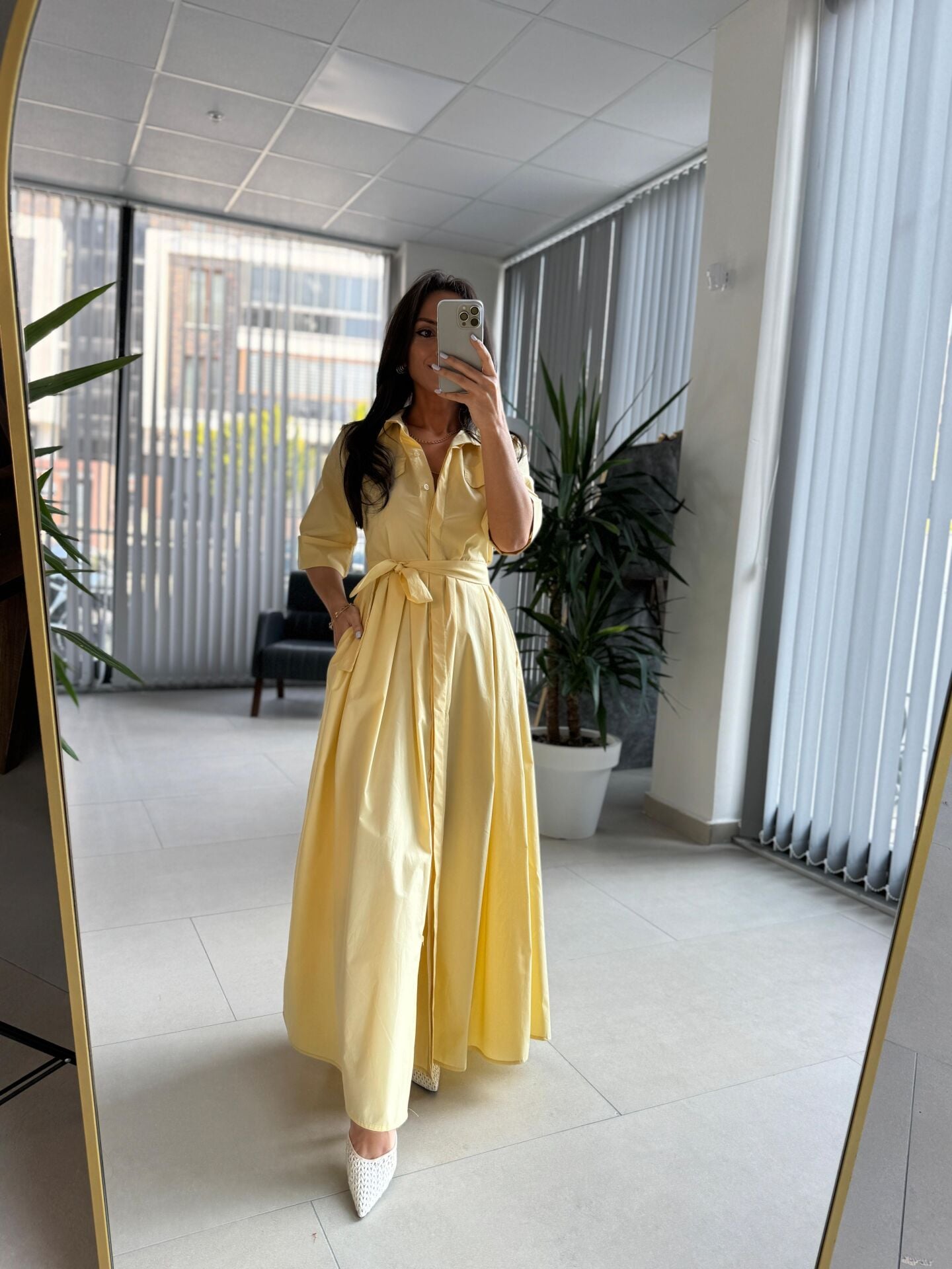 Dr 8441 Tasarım Sarı Pile Detaylı Poplin Gömlek Elbise