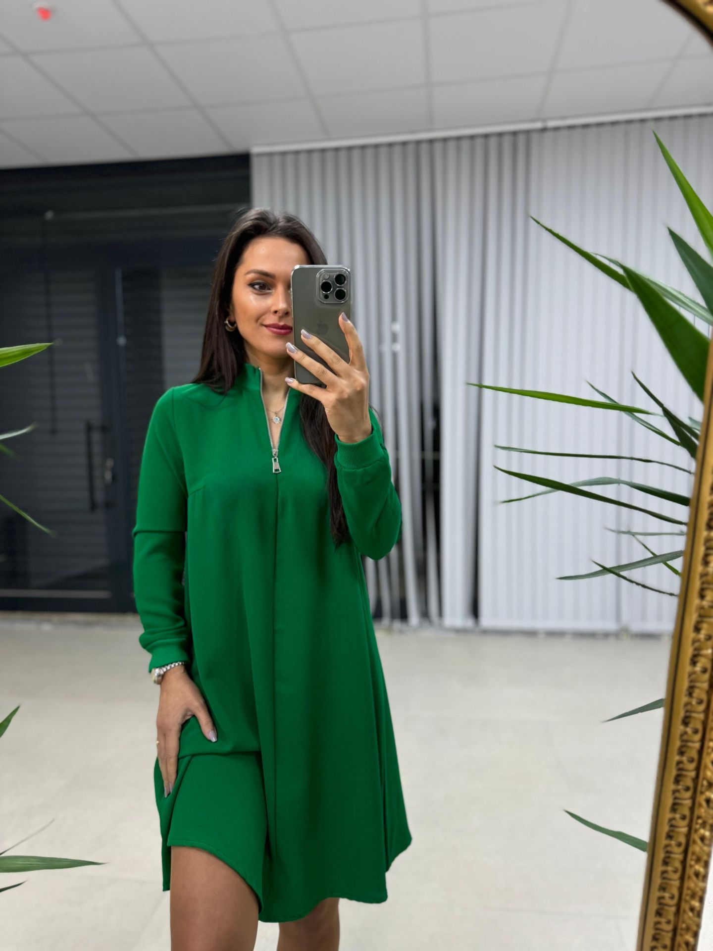 Ms Fermuar Yakalı Crep Yeşil  Elbise