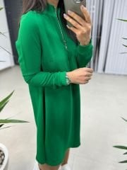 Ms Fermuar Yakalı Crep Yeşil  Elbise