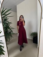 Np 1002 Omuz Vatkalı Bordo Fularlı Elbise