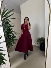 Np 1002 Omuz Vatkalı Bordo Fularlı Elbise