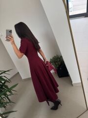 Np 1002 Omuz Vatkalı Bordo Fularlı Elbise