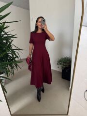 Np 1002 Omuz Vatkalı Bordo Fularlı Elbise