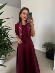 Np 1002 Omuz Vatkalı Bordo Fularlı Elbise