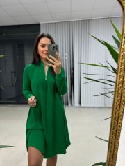 Ms Fermuar Yakalı Crep Yeşil  Elbise