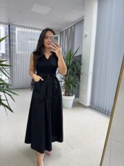 Dr 8419 Tasarım Siyah Kolsuz V Yaka Elbise