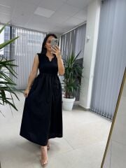 Dr 8419 Tasarım Siyah Kolsuz V Yaka Elbise