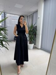 Dr 8419 Tasarım Siyah Kolsuz V Yaka Elbise