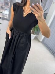 Dr 8419 Tasarım Siyah Kolsuz V Yaka Elbise